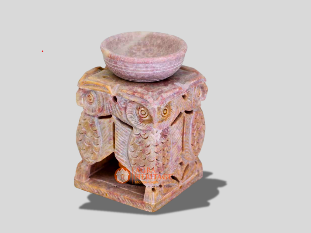 Soapstone Marble Oil Burner Owl Design Hand Carved Art