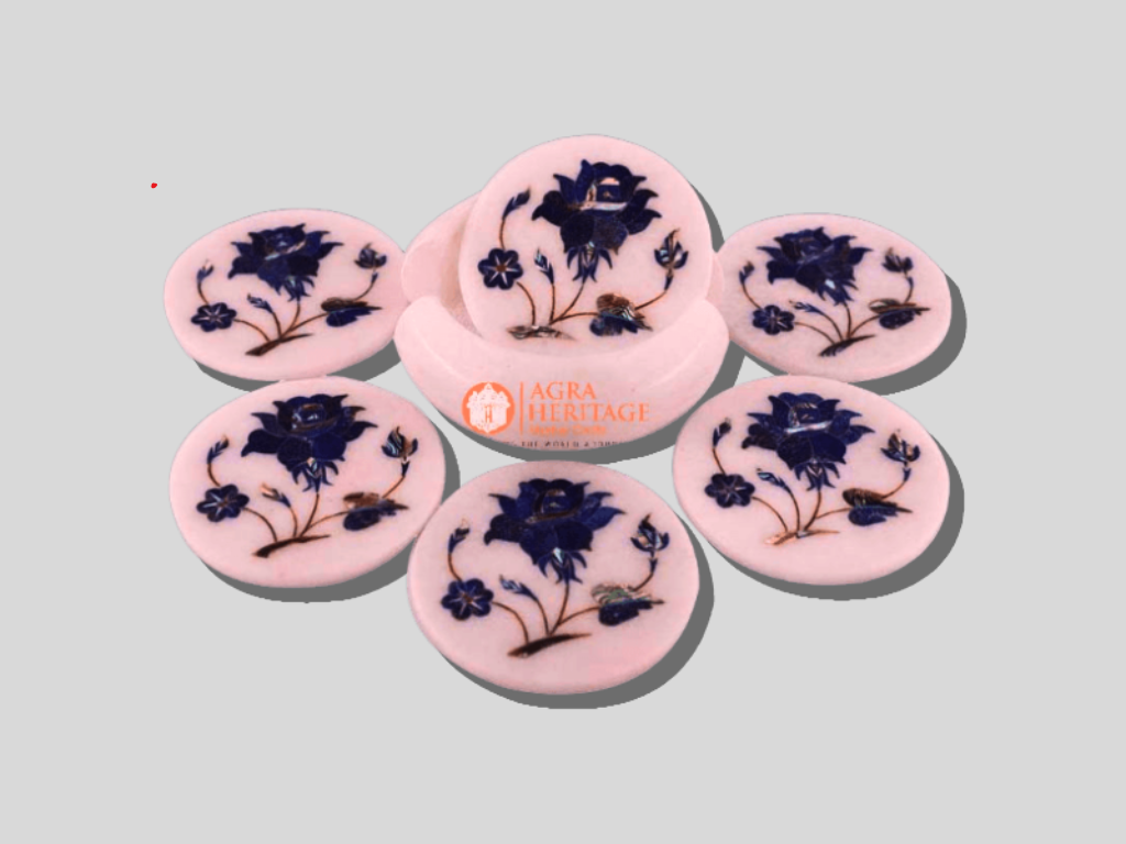 White Marble Coasters Lapis Lazuli Inlay Floral