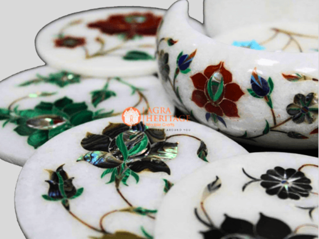 Multi Stone Floral Marble Interior Coaster Set