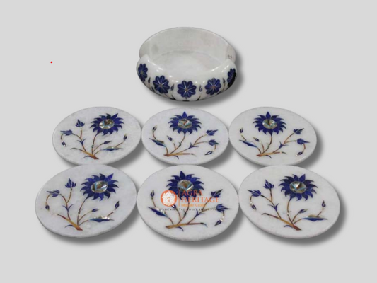 Marble White Lapis Floral Dining Table Coaster Set