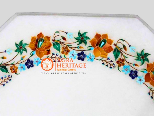 White Marble Turquoise Carnelian Floral Art Coffee Table Top