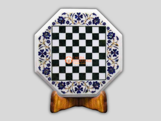 White Marble Lapis Lazuli Coffee Chess Table Top With Wooden Base