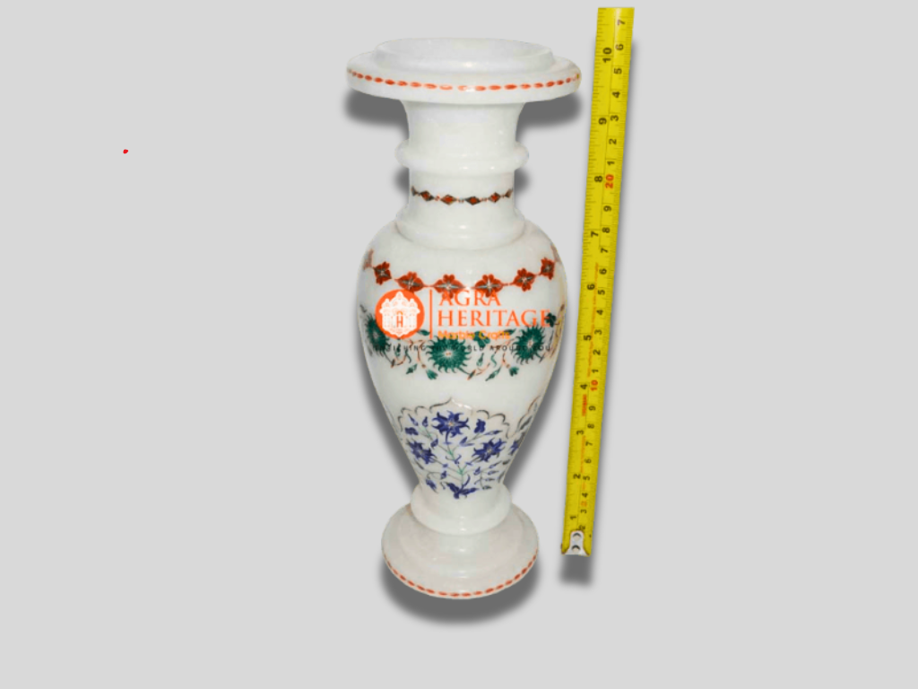 White Marble Vase Malachite Lapis Carnelian Inlay Floral Decor