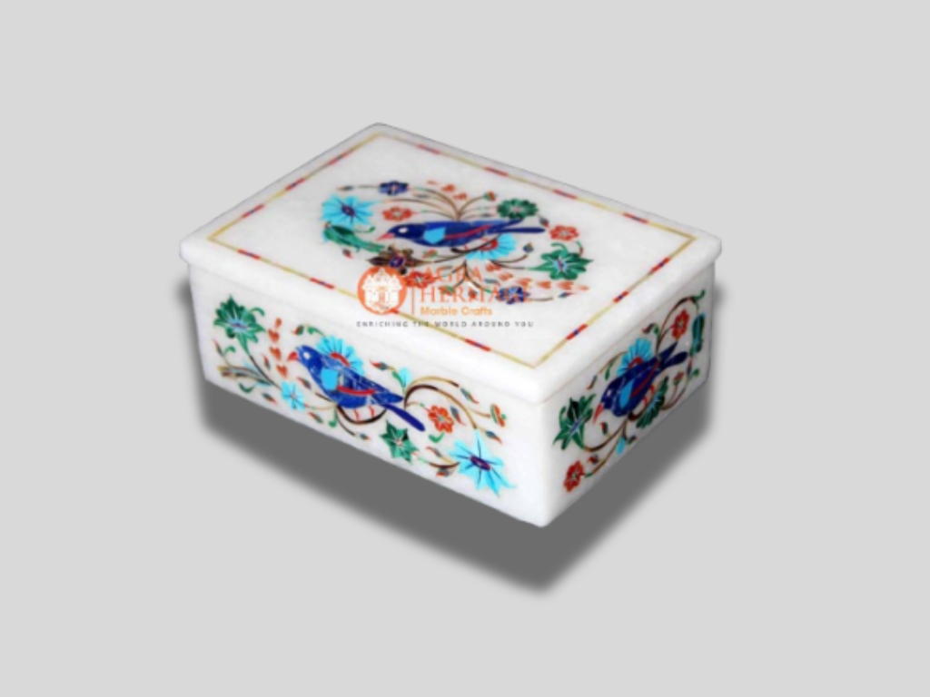 Birds Art Semi Precious Interior Marble Jewelry Box