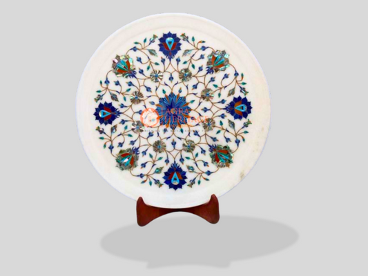 White Dish Plate Lapis Semi Precious Floral Art Kitchen Decor
