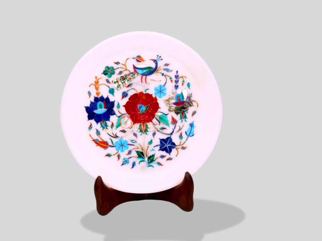 Marble Collectible Dish Plate Carnelian Marquetry Floral Design