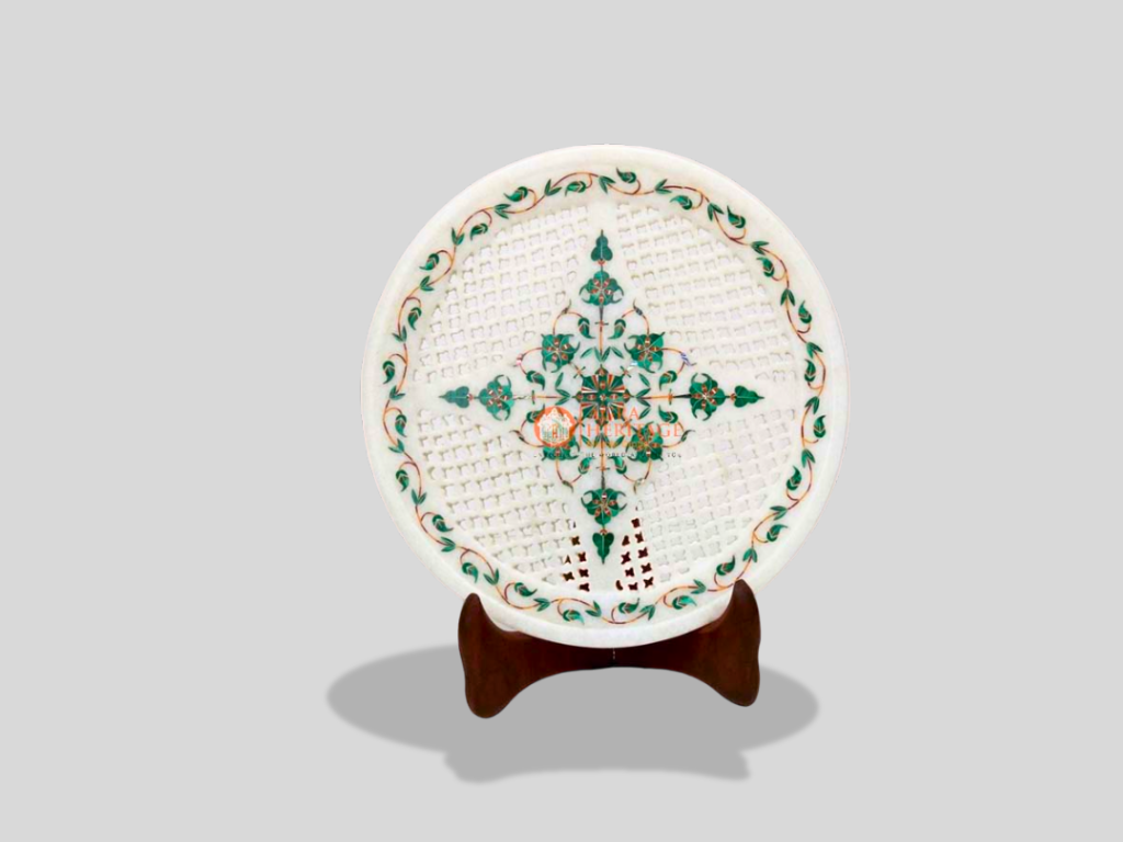 White Kitchen Plate Malachite Inlay Filigree Floral Art