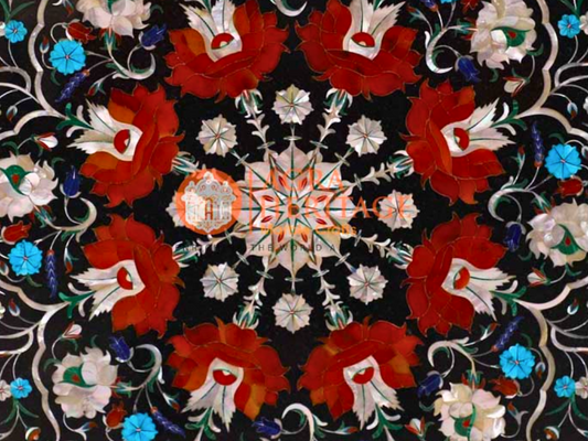 Marble Top Counter Table Carnelian Marquetry Floral Art