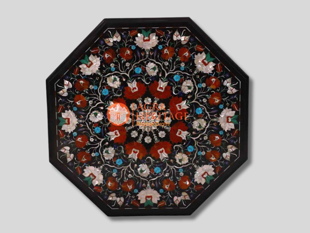 Marble Top Counter Table Carnelian Marquetry Floral Art