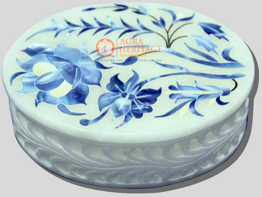 Hand Carving Marble Jewelry Box Lapis Lazuli Inlaid