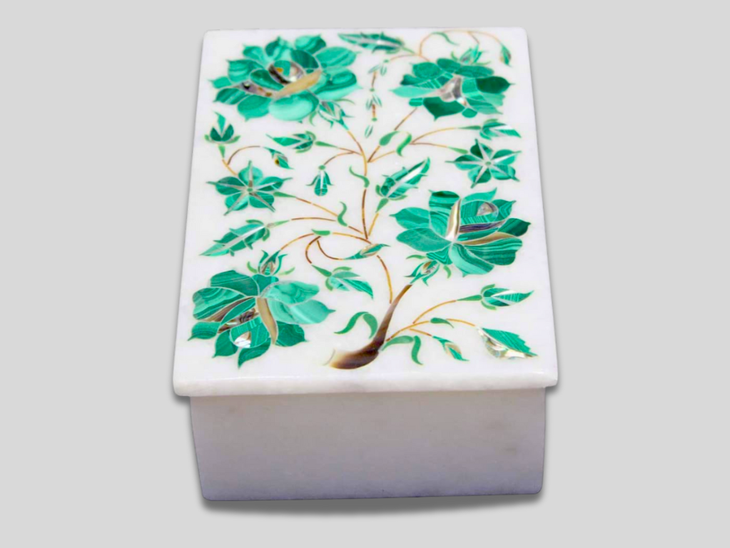 Jewelry Keepsake Box Malachite Floral Interior