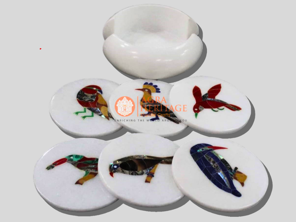 Marble Inlay Coaster Set Bird Marquetry Design