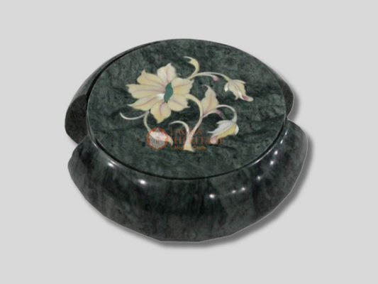Green Round Marble Coaster Set Mother of Pearl Floral Inlay