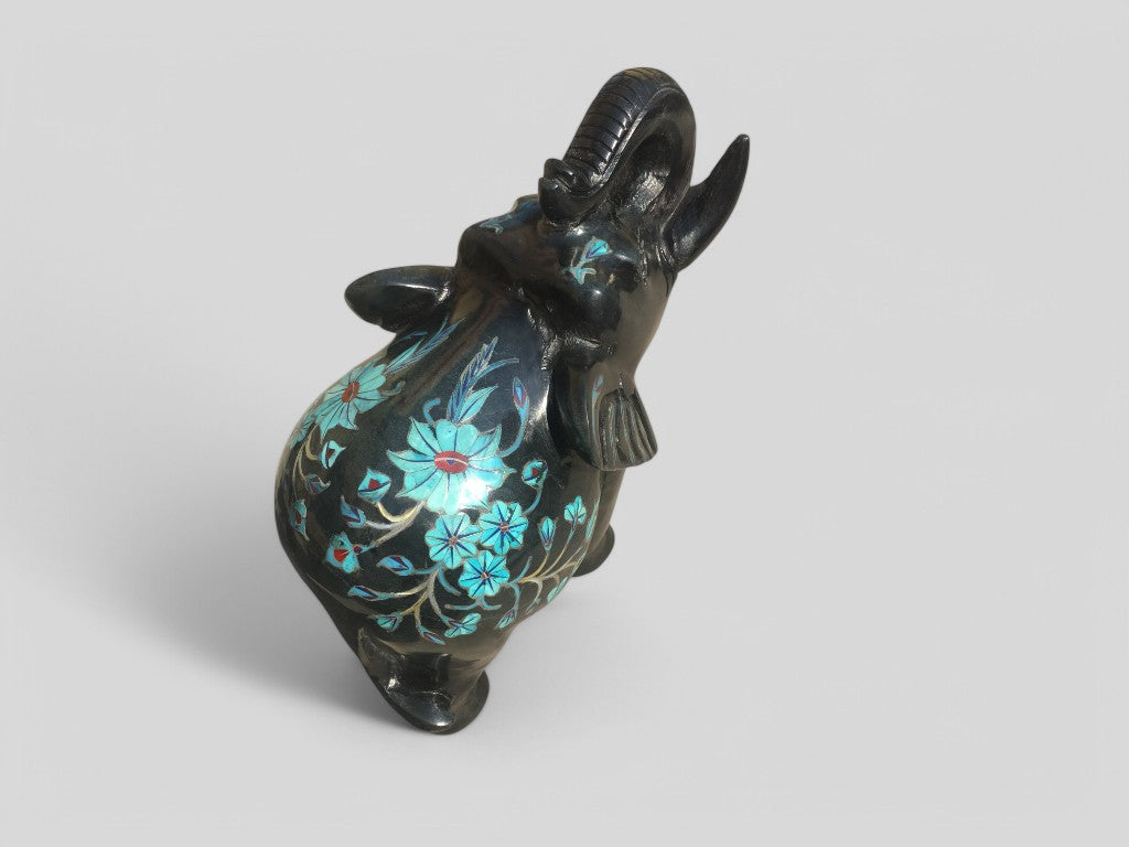 Feng Shui Lucky Elephant Statue Black Marble Inlay Turquoise Stone