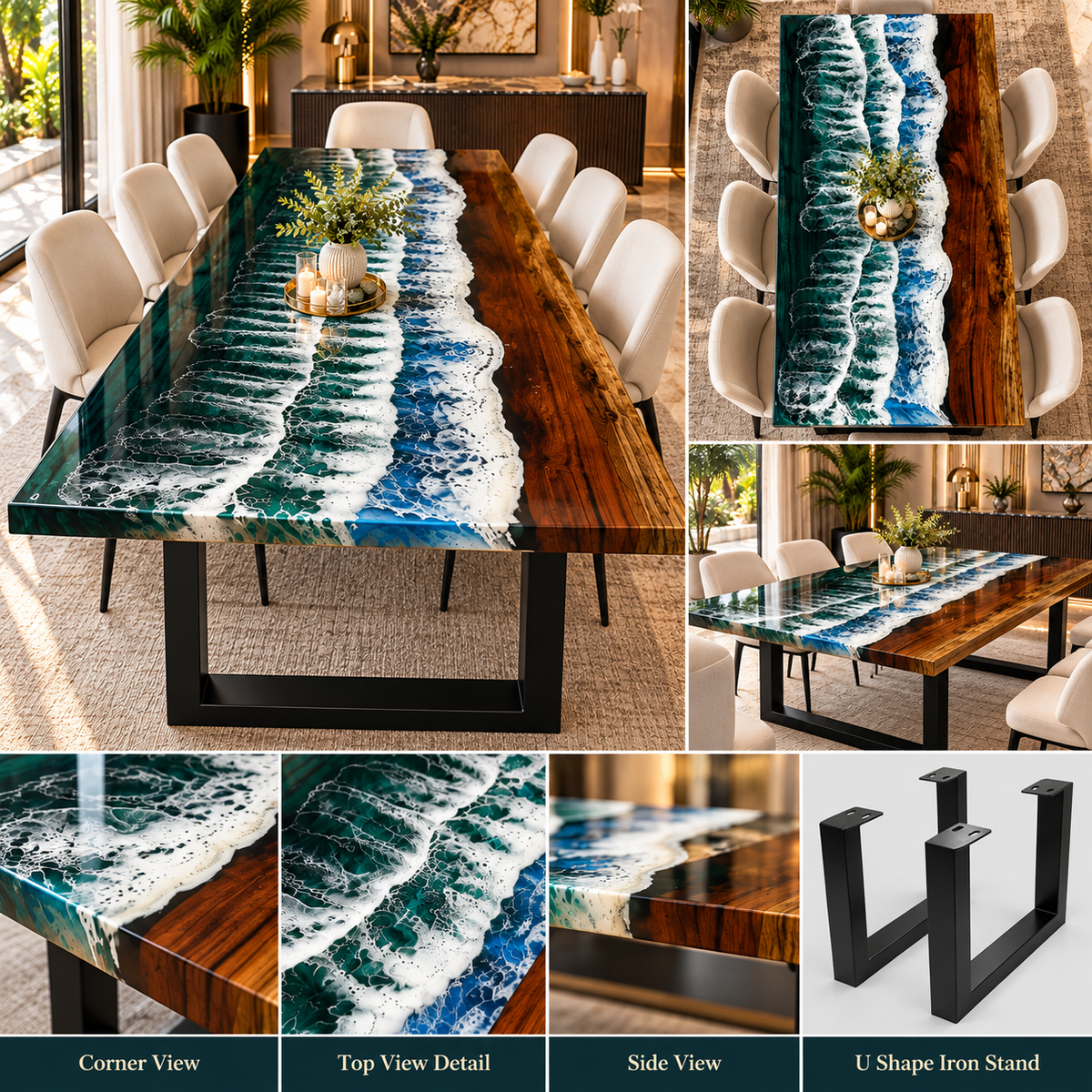 Custom Poplar Wood Blue River Epoxy Table Top for Dining Room Interior Exclusive Furniture