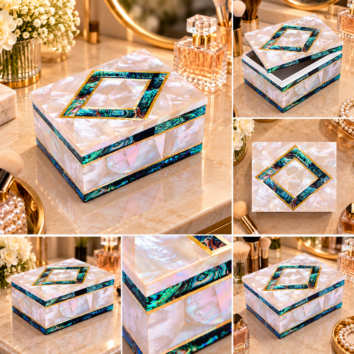 Elegant Mop With Pauashell Inlaid Jewelry Storage Box, Housewarming Mosaic Art