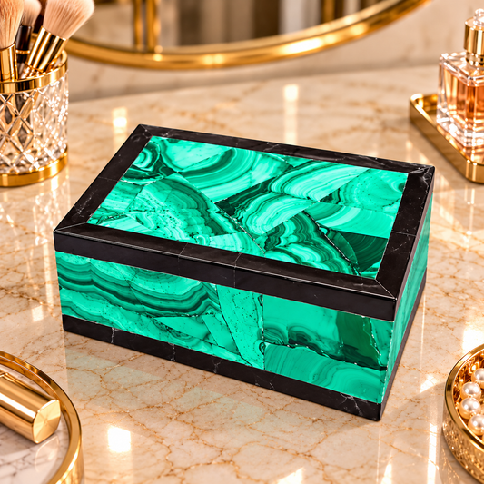 Indian Marble Jewelry Box Organizer Handmade Random Malachite Centerpiece