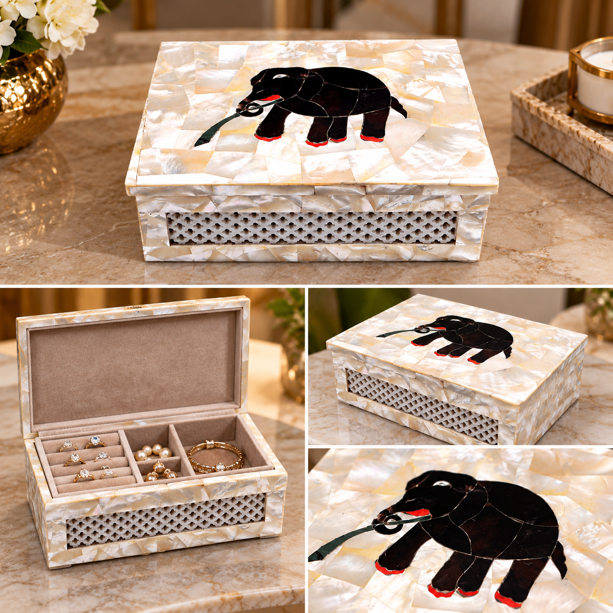 Personalized Gift Marble Jewelry Box, Mop Inlaid Handmade Mosaic Design Decor