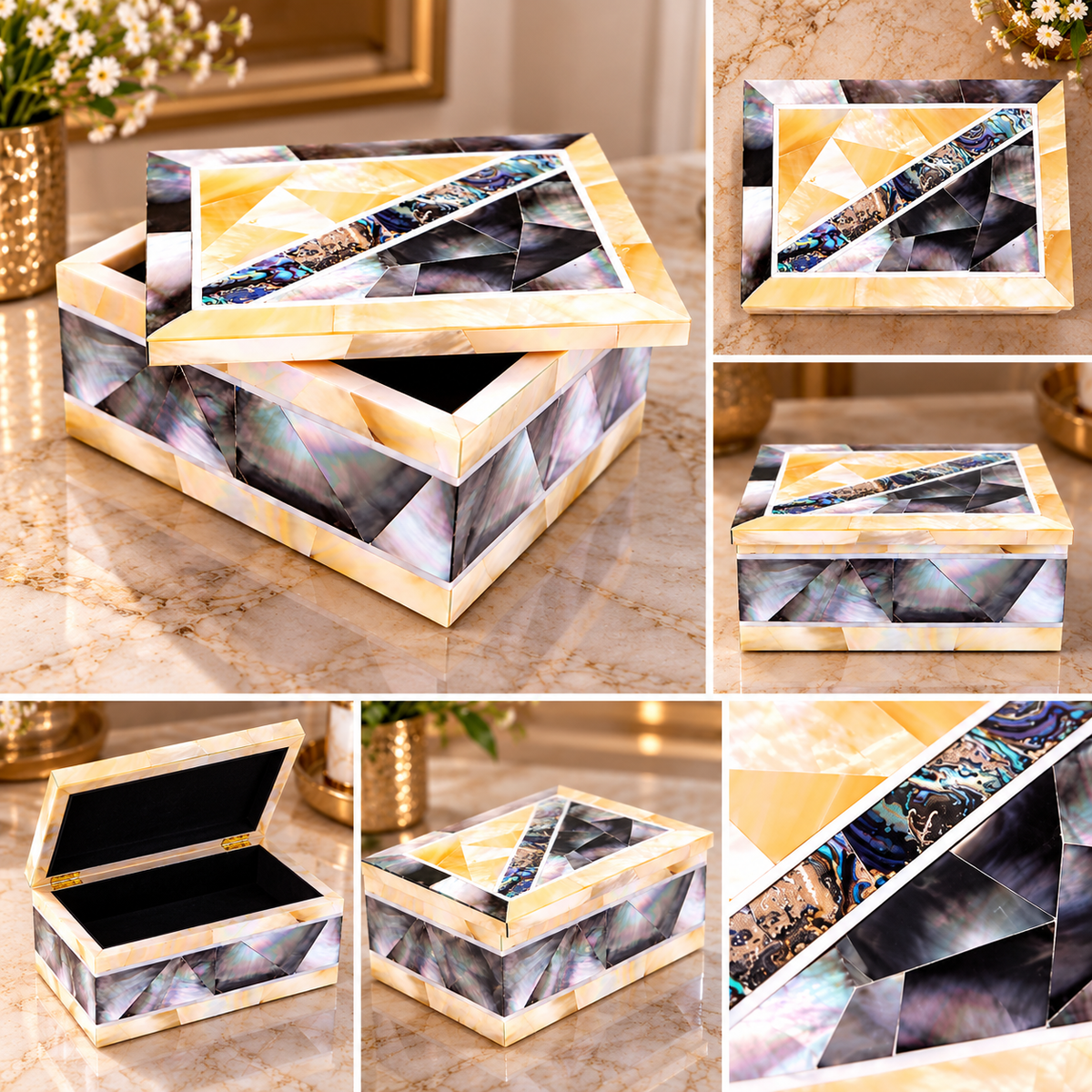 Decorative Inlay Marble Jewelry Vanity Box Handmade Unique Mosaic Stone Art