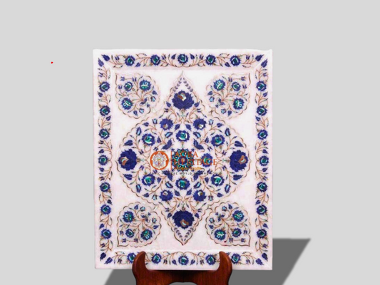 White Marble Lapis Marquetry Floral Dish Tray Interior