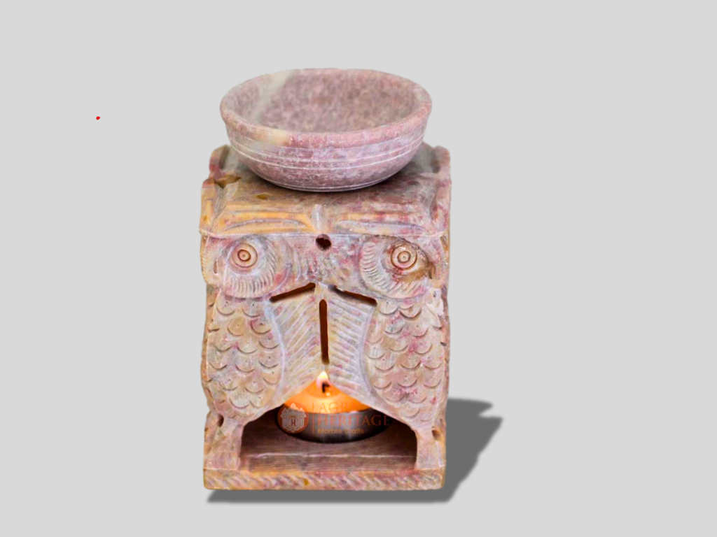 Soapstone Marble Oil Burner Owl Design Hand Carved Art