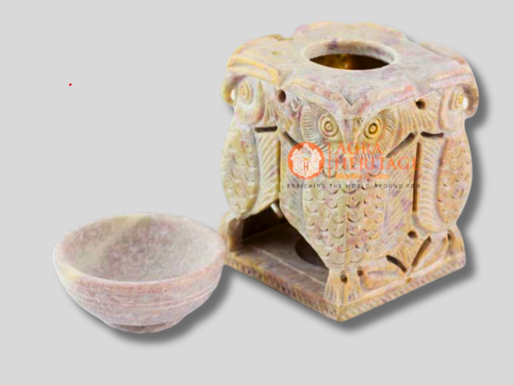 Soapstone Marble Oil Burner Owl Design Hand Carved Art