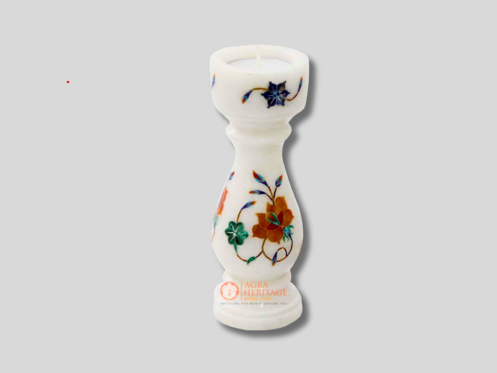 White Marble Candle Holder Hakik Lapis Inlay Decor