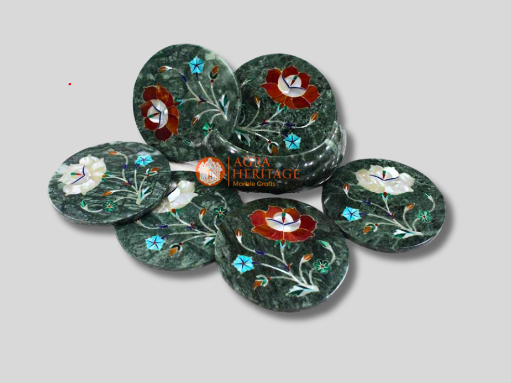 Black Marble Carnelian Floral Coaster Set