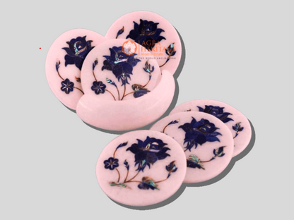 White Marble Coasters Lapis Lazuli Inlay Floral