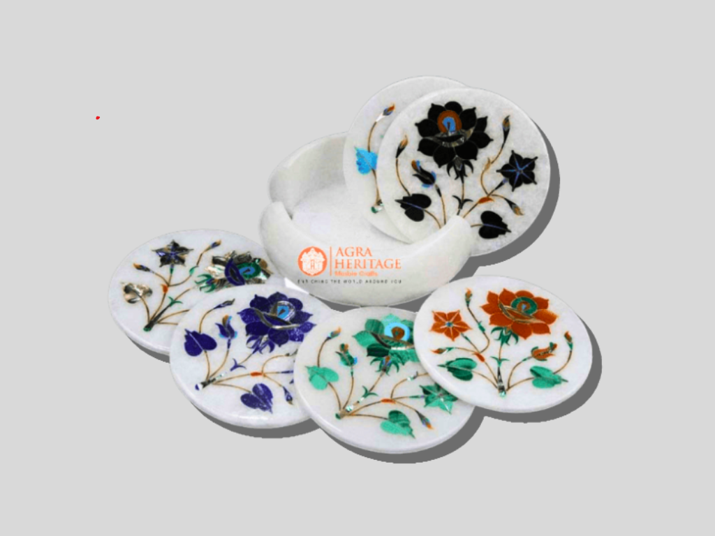 Multi Color Stone Floral Marble Coaster Set