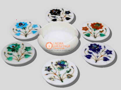 Multi Color Stone Floral Marble Coaster Set