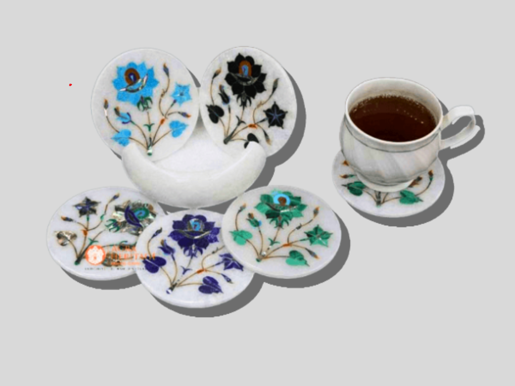 Multi Color Stone Floral Marble Coaster Set