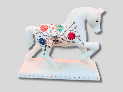 White Marble Horse Inlay Stone Statue for Sale