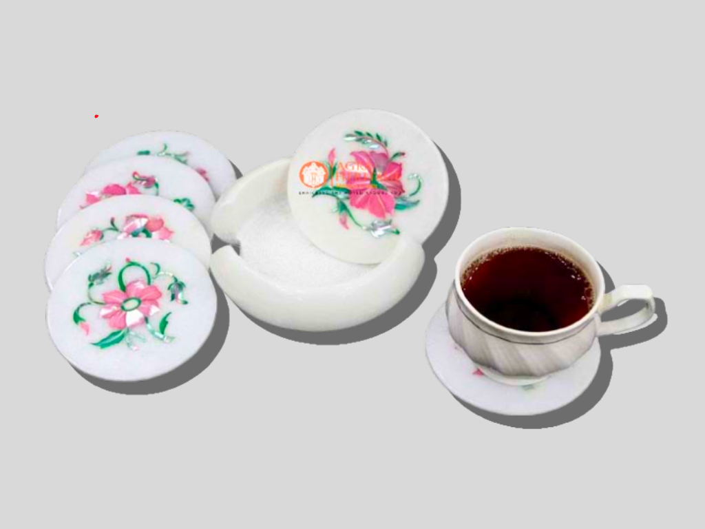 Rose Quartz Floral Stone Tea Coaster Set