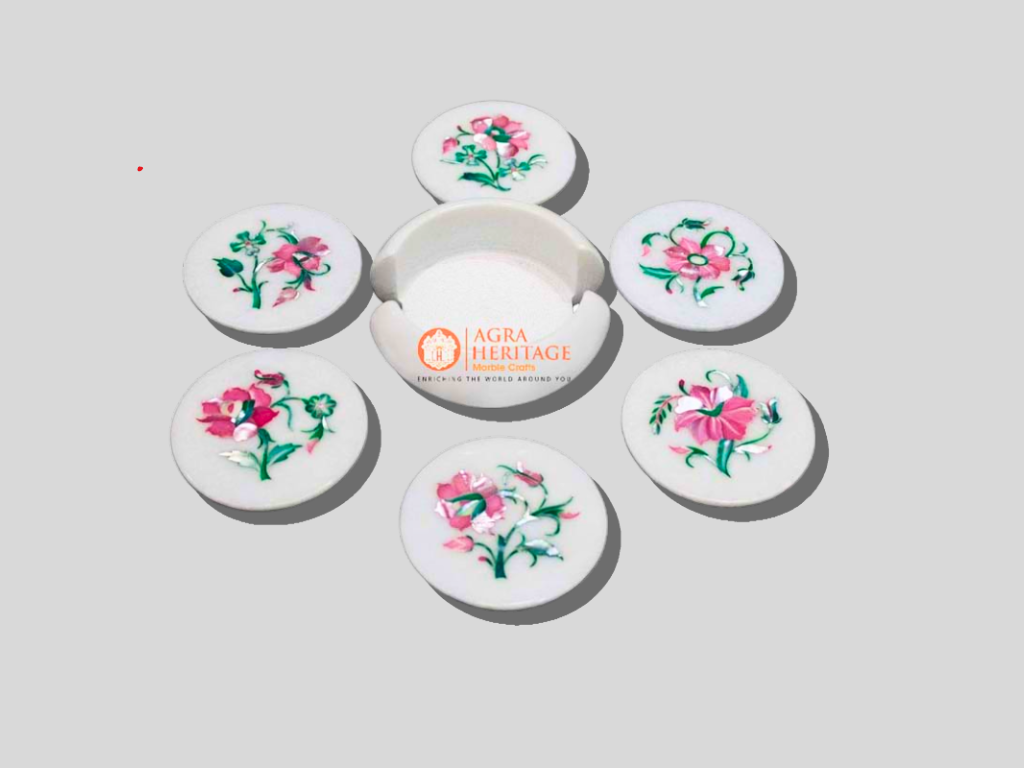 Rose Quartz Floral Stone Tea Coaster Set