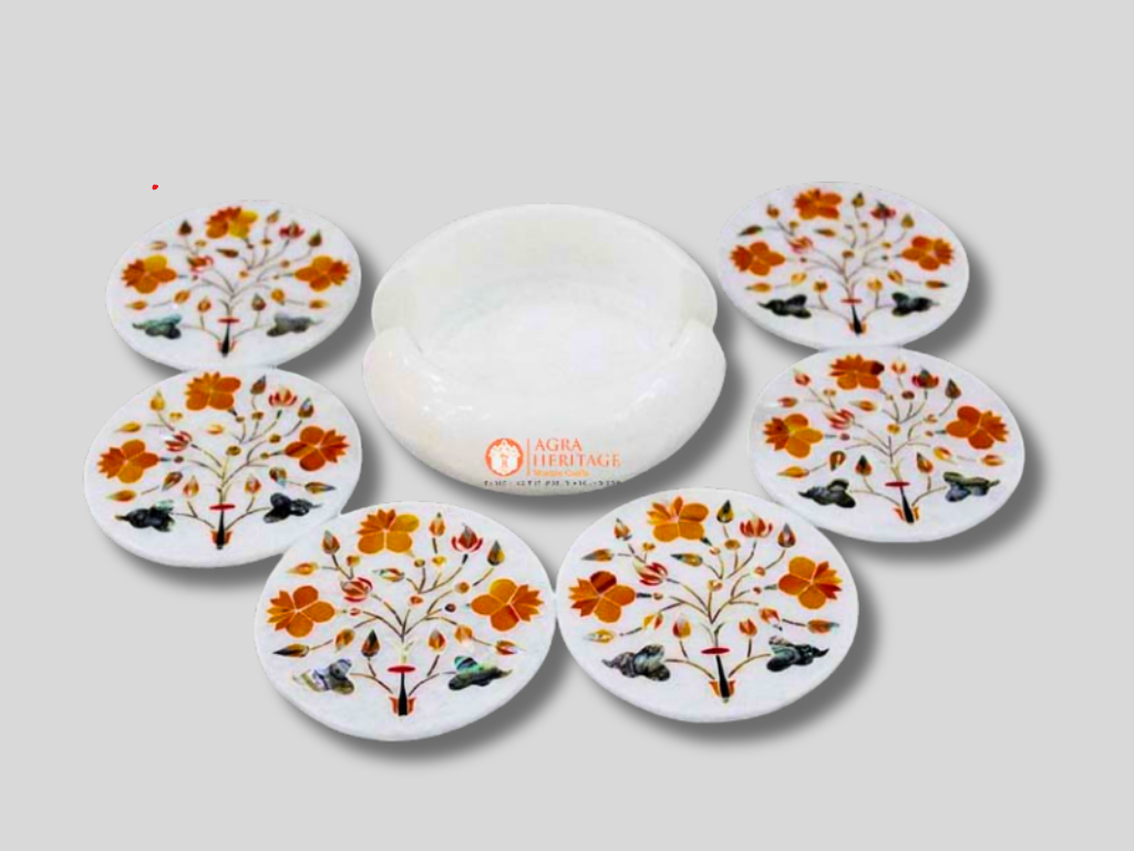 White Marble Carnelian Floral Art Tea Cup Coaster