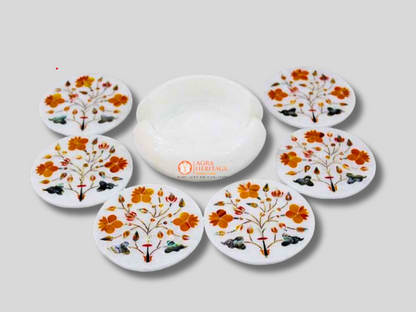 White Marble Carnelian Floral Art Tea Cup Coaster
