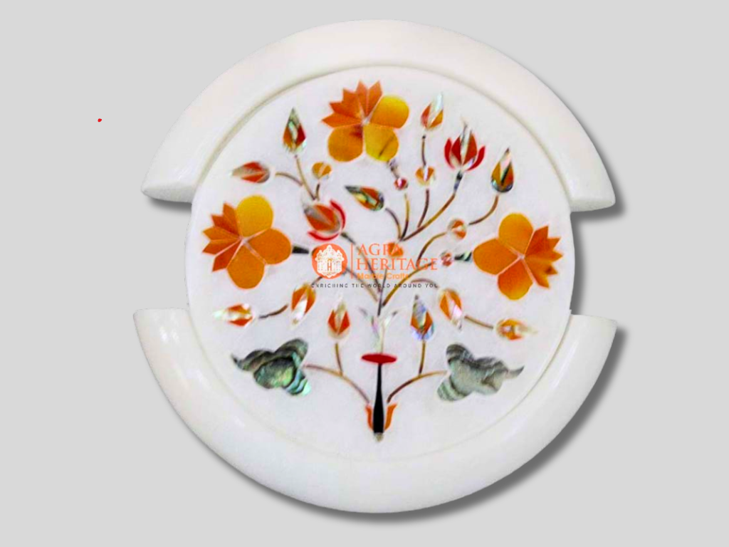 White Marble Carnelian Floral Art Tea Cup Coaster