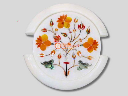 White Marble Carnelian Floral Art Tea Cup Coaster