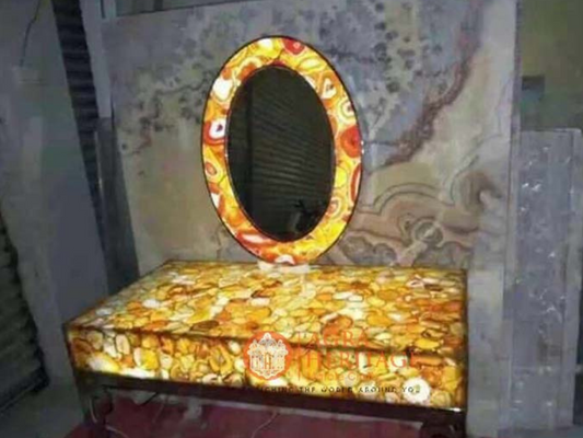Yellow Agate Table Top With LED Light Agate Framed Mirror