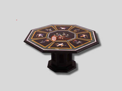 Black Marble Table With Stand Multi Stone Birds Art