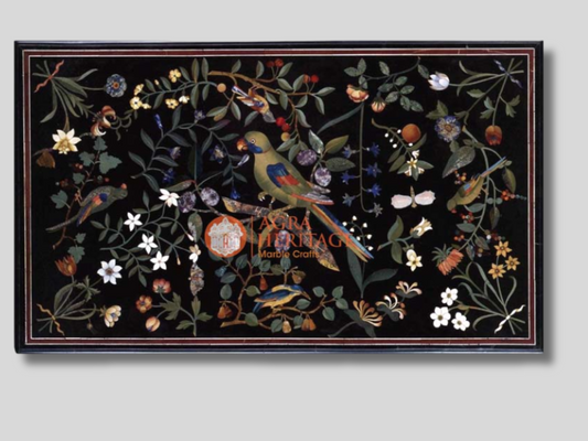 Black Marble Parrot Art Marquetry Inlaid Floral Table Top