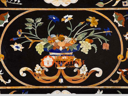 Black Marble Big Dining Table Top Pietra Dura Inlay Arts