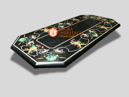 Black Marble Living Room Dining Table Top Inlay Floral Arts