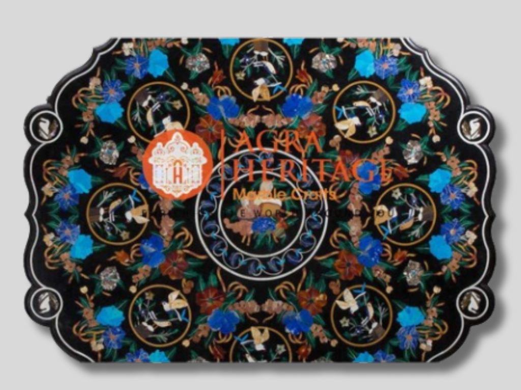 Black Stone Marble Dining Inlay Table Marquetry Floral Arts