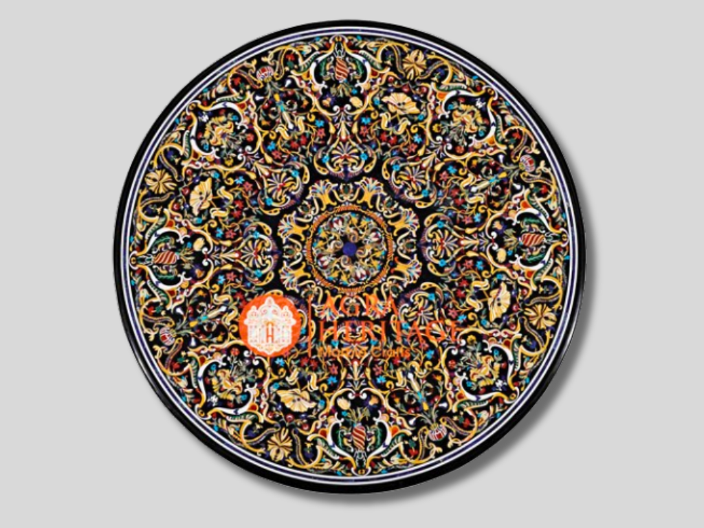 Black Marble Top Dining Round Table Precious Inlay Design Furniture