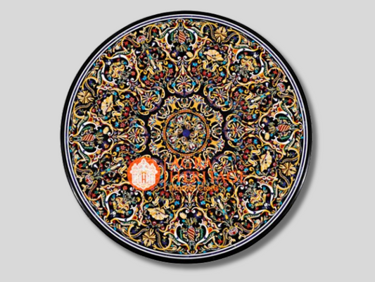 Black Marble Top Dining Round Table Precious Inlay Design Furniture
