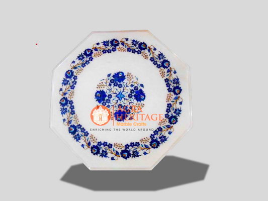 White Marble Lapis Inlay Floral Art Table Top