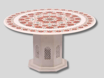 White Marble Carnelian Floral Inlay Dining Table Top With Marble Base