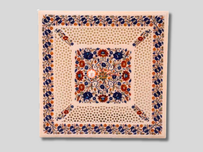 White Square Filigree Marble Table Top Multi Inlay Decor